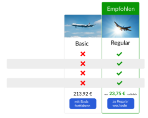 Geschwärzter Screenshot einer Flug-Website: Tabelle mit 2 Spalten: Basic (213,92€) mit roten kreuzen für nicht-inkludierte Leistungen (nur 23,75€ zusätzlich) und Regular mit grünen haken für inkludierte Leistungen, wobei die regular Spalte farblich hervorgehoben und mit "empfohlen" betitelt ist